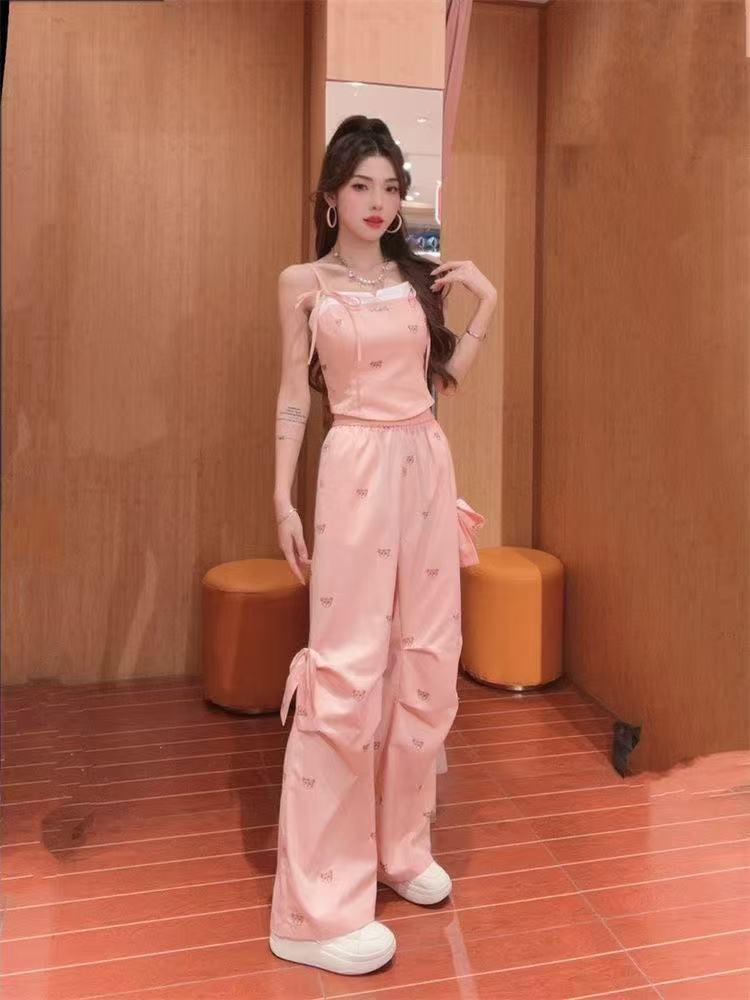 

Women s Pink Bow Tie Camisole & Straight-Leg Pants Two-Piece Set Large рожевий