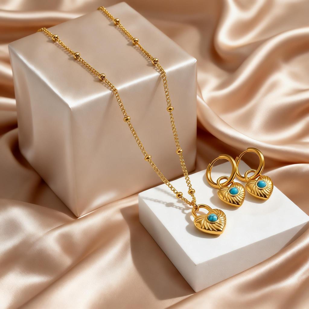 Luxury Turquoise Heart-shaped Lock Pendant Necklace Stainless Steel Beads Chain Blue Natural Stone Fashion Jewelry for Women