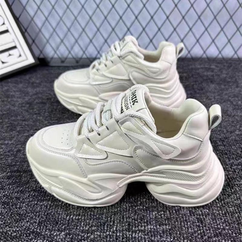 Comfortable Women's Dad Shoes Thick Sole Heightening  Spring Autumn Pure Color Adult Laced Polyurethane Casual Sports Shoes