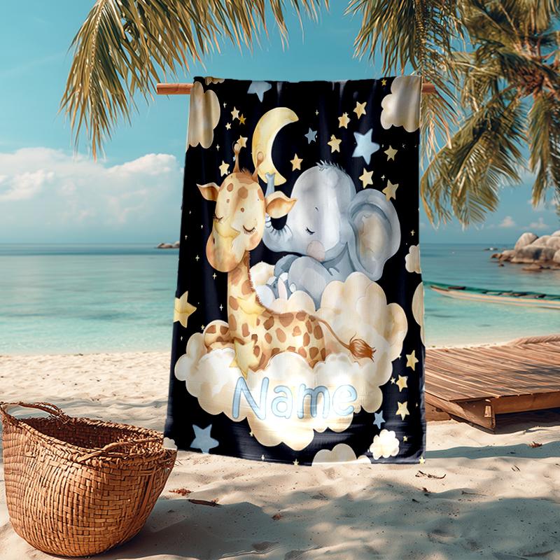 Custom Name Ultra-Soft Beach Towel with Elephant giraffe Theme,Ideal for Pool - Camping, Diving - Perfect Travel Essential, Vibrant Beach Towel.