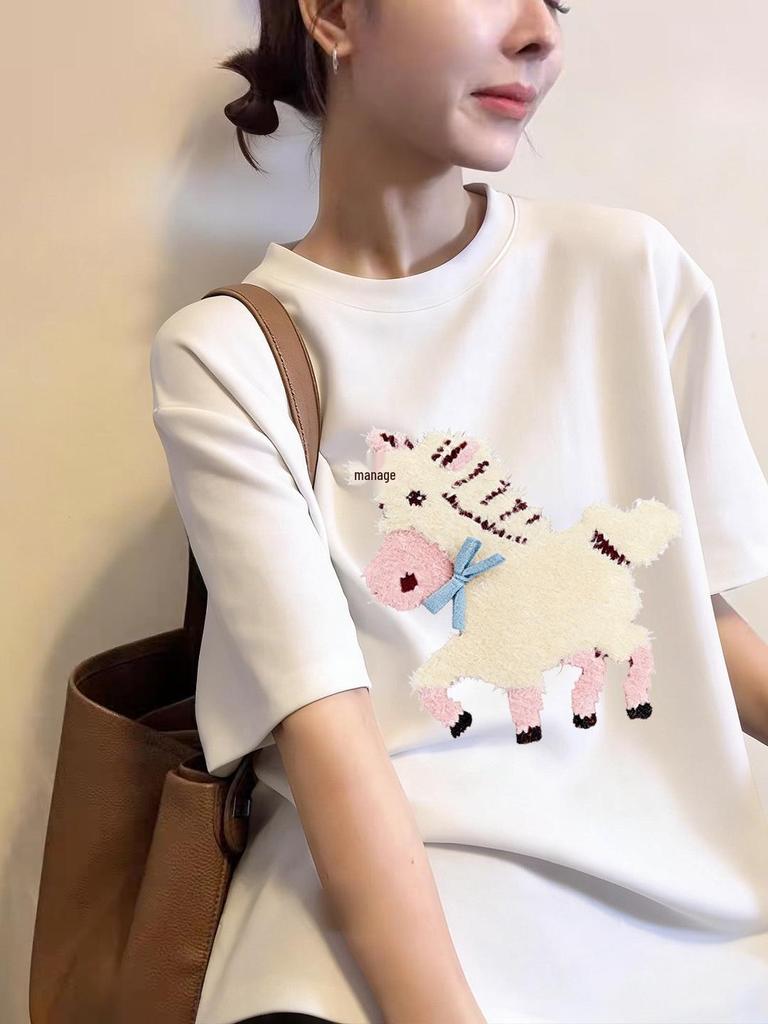 2026 Korean Retro Short Sleeve Women's T-Shirt with Small Horse Print - Trendy Round Neck Half Sleeve Top