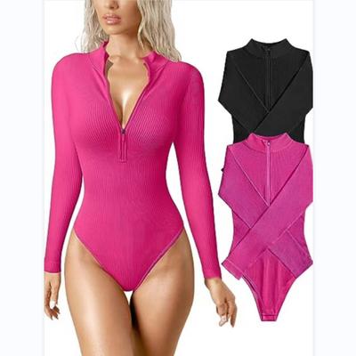 Long Sleeve Onesie Sexy Ribbed Onesie Front Zipper Long Sleeve Top Onesie