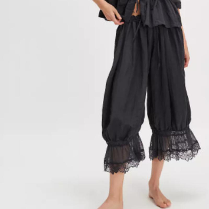 

Брюки с высокой талией и широкими штанинами с кружевной отделкой, повседневные брюки палаццо в стиле бохо для женщин S чёрный