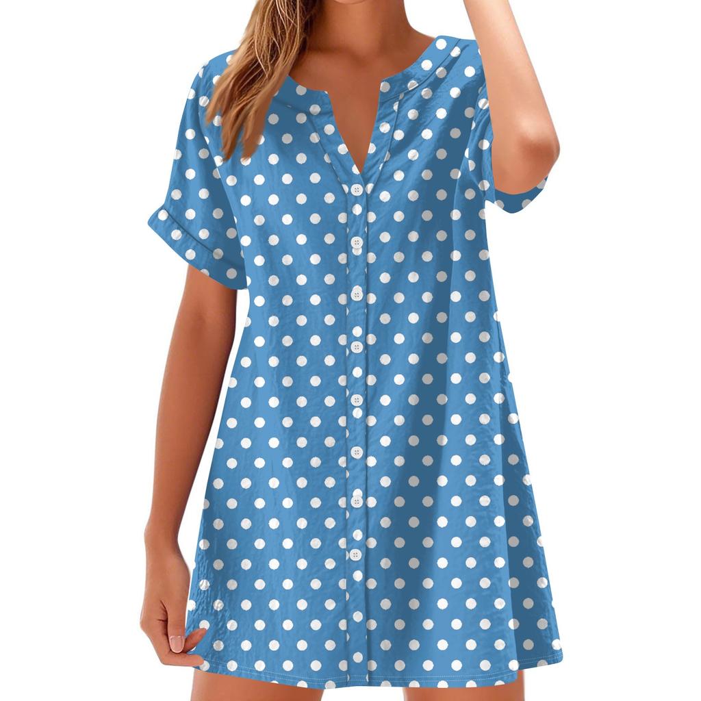 Women's Fashion Casual V-neck Short-sleeve Button Check, Tie-dye, Polka Dot Print Dress