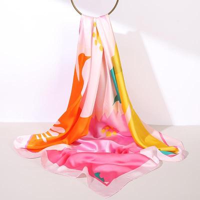 Korean Floral Print Satin Chiffon Square Scarf, 90cm, Imitation Silk Headscarf