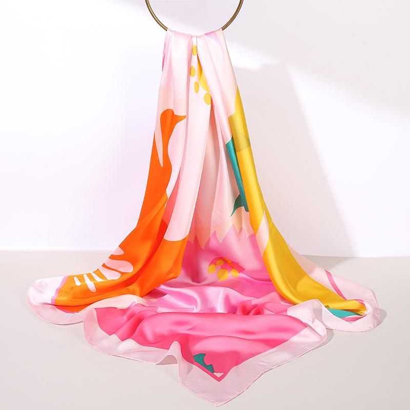 Korean Floral Print Satin Chiffon Square Scarf, 90cm, Imitation Silk Headscarf