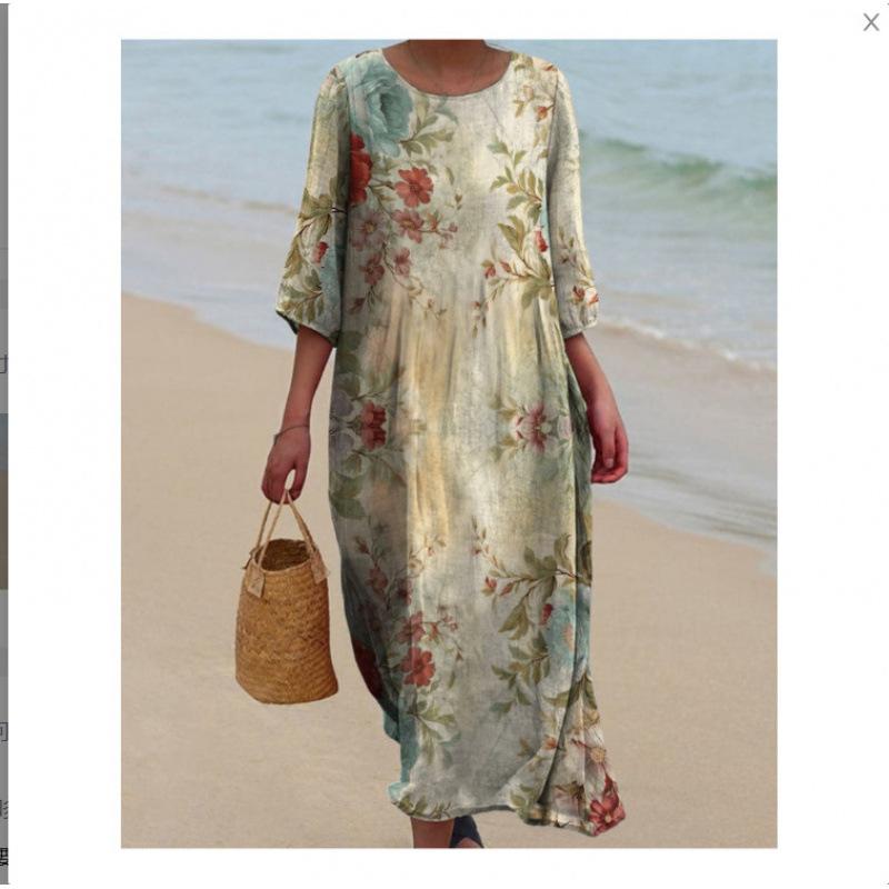 Women's Round Neck 3/4 Sleeve Midi Dress Casual Loose Solid Color Beach Vacation Long Dress