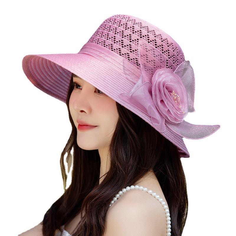 Organza Sun Hats Women Flower Summer Party Wedding Caps Female Elegant Floral Church Hats 2021 New Fashion Anti-UV Beach Caps