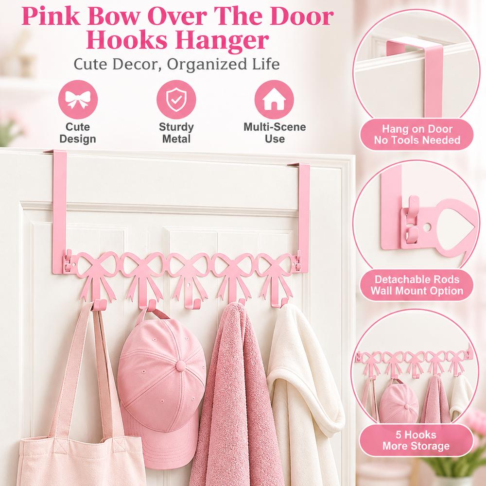 5 Hooks Over The Door Hooks Pink Pink Bow Hooks Decorative Metal Hook Rack  Bedroom Decor