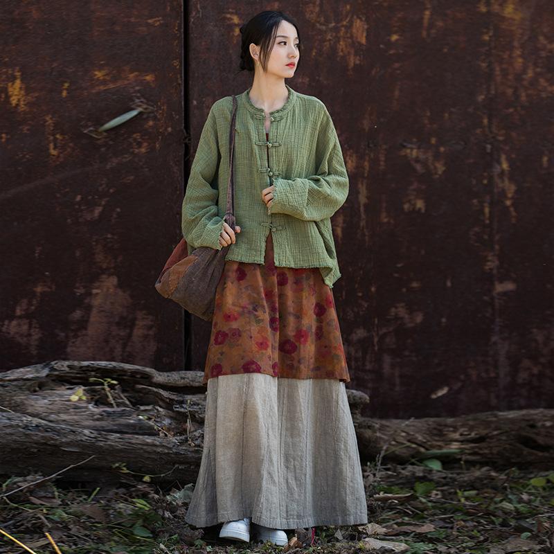 Women Chinese Style Shirts Solid Color Long Sleeve Button Loose Autumn Vintage Cotton Linen Women Shirts Tops