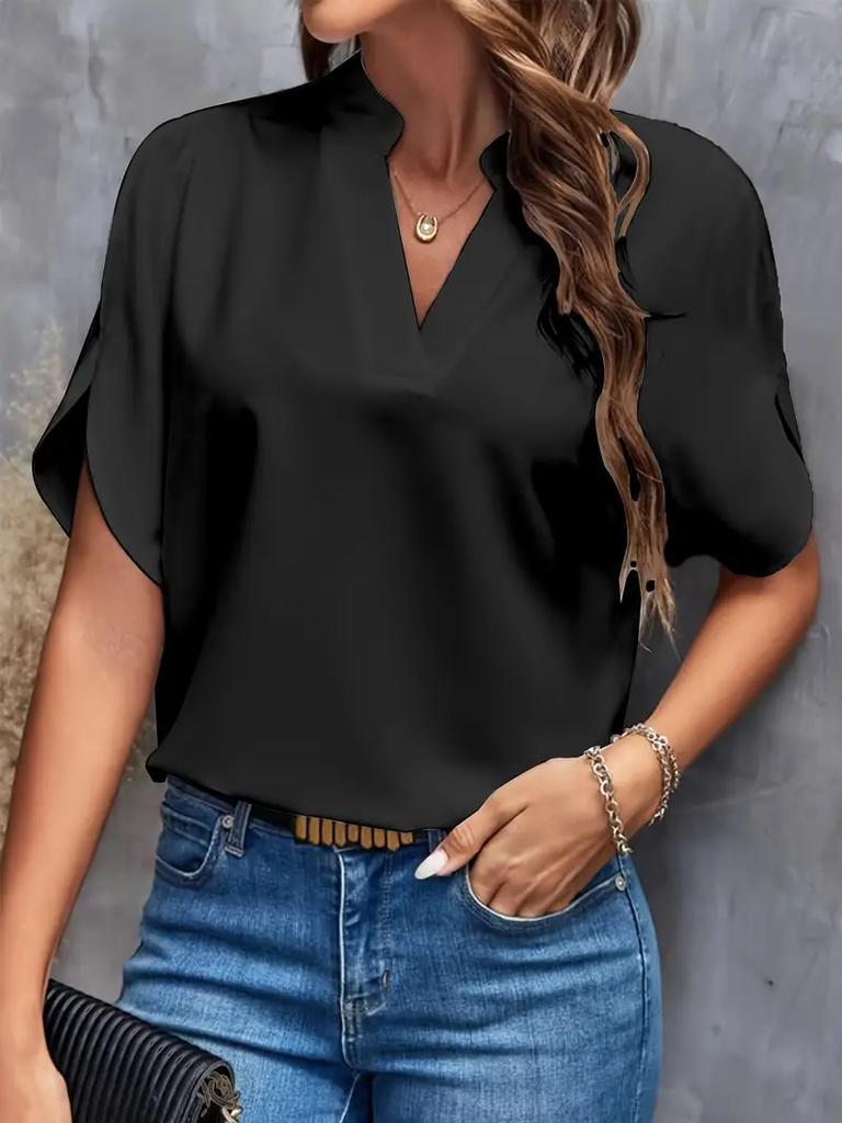 Bluză cu decolteu cu crestătură de culoare uni Bluză casual cu mâneci scurte despicate pentru îmbrăcăminte pentru femei de primăvară și vară