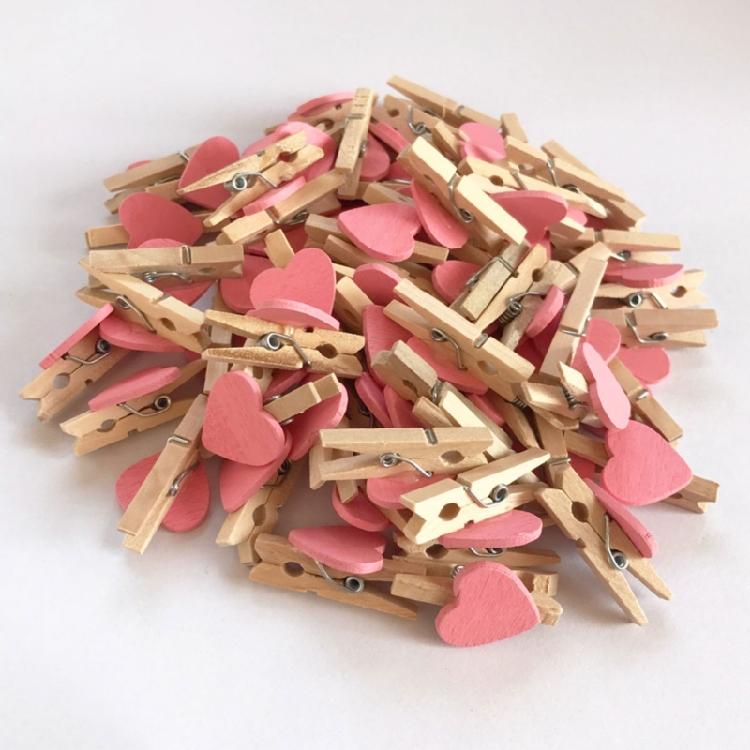 DIY Craft Wooden Clips Natural Wood Clothespins Love Heart 50pcs Colored Heart