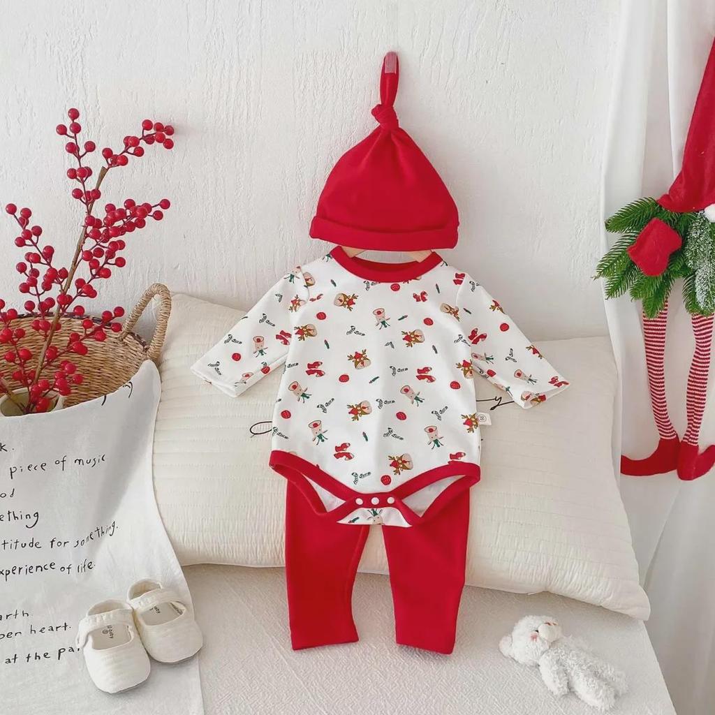 "Korean Baby Christmas Print Outfit: 3-Piece Set with Hat for Boys & Girls"