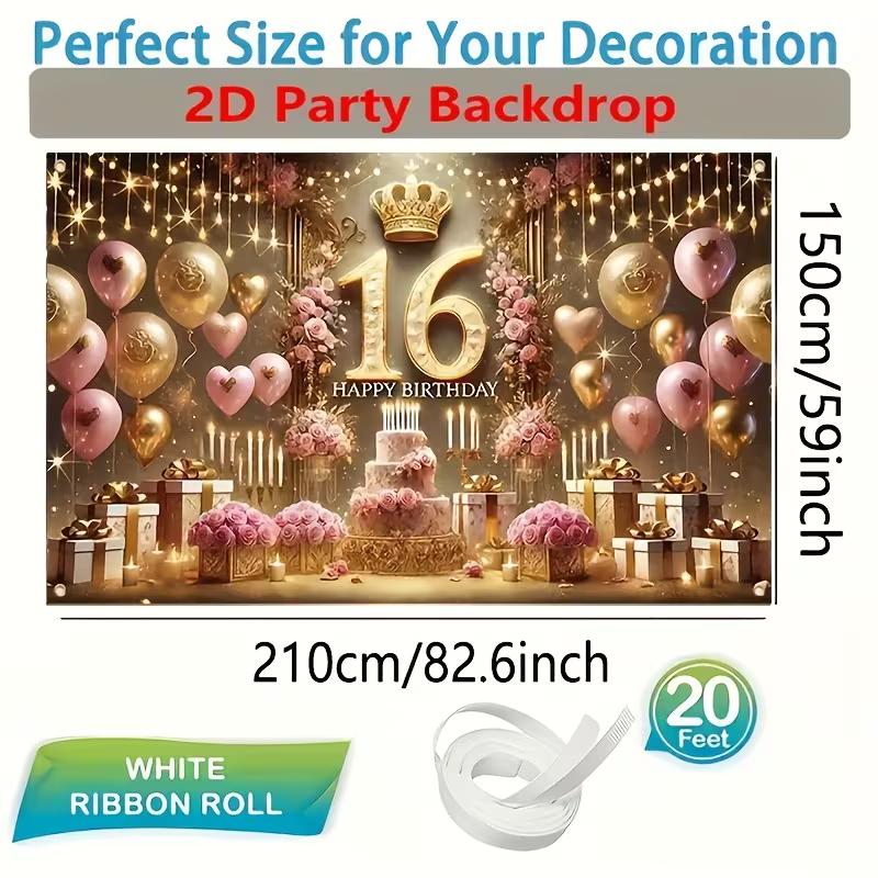 

2D Flat Banner Birthday Backdrop Sweet 16 Rose Gold for Girls Themed Party Photos 47.2x31.5inch/120*80cm