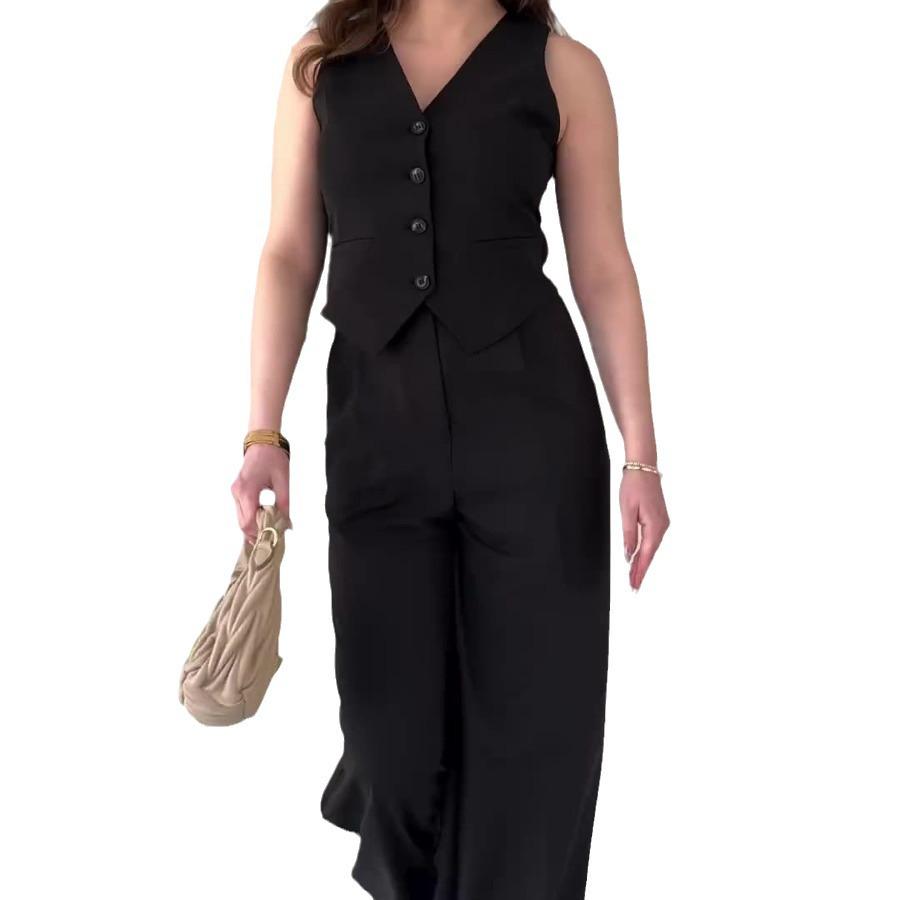 2024 Lato Moda Damska Jednolity Top i Spodnie z Szerokimi Nogawkami z Wysokim Stanem