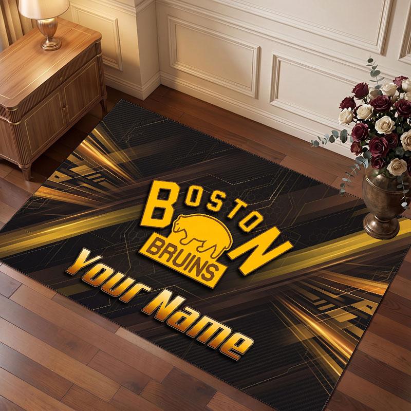 Boston Bruins Personalized Crystal Velvet Carpet, Customized Name Text Soft Anti‑Slip Rug for Living Room Bedroom