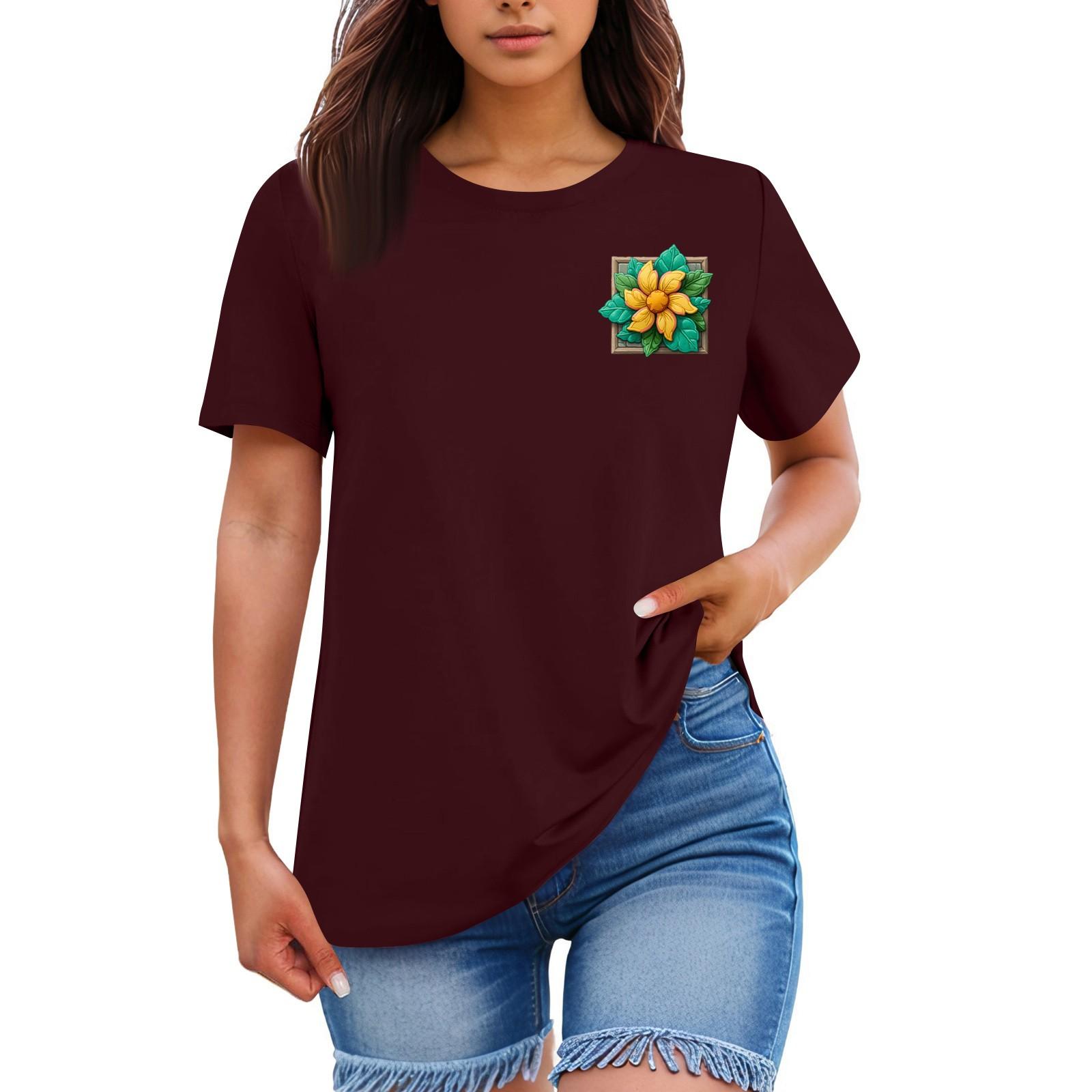 

Женская свободная удобная повседневная модная футболка с принтом растений и цветов, круглым вырезом и короткими рукавами L винный