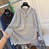Large Size Early Autumn Versatile Half-zip Hooded Loose Long-sleeved T-shirt Women's Fashion Striped Bottoming Shirt Trendy