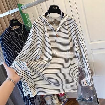 Large Size Early Autumn Versatile Half-zip Hooded Loose Long-sleeved T-shirt Women's Fashion Striped Bottoming Shirt Trendy