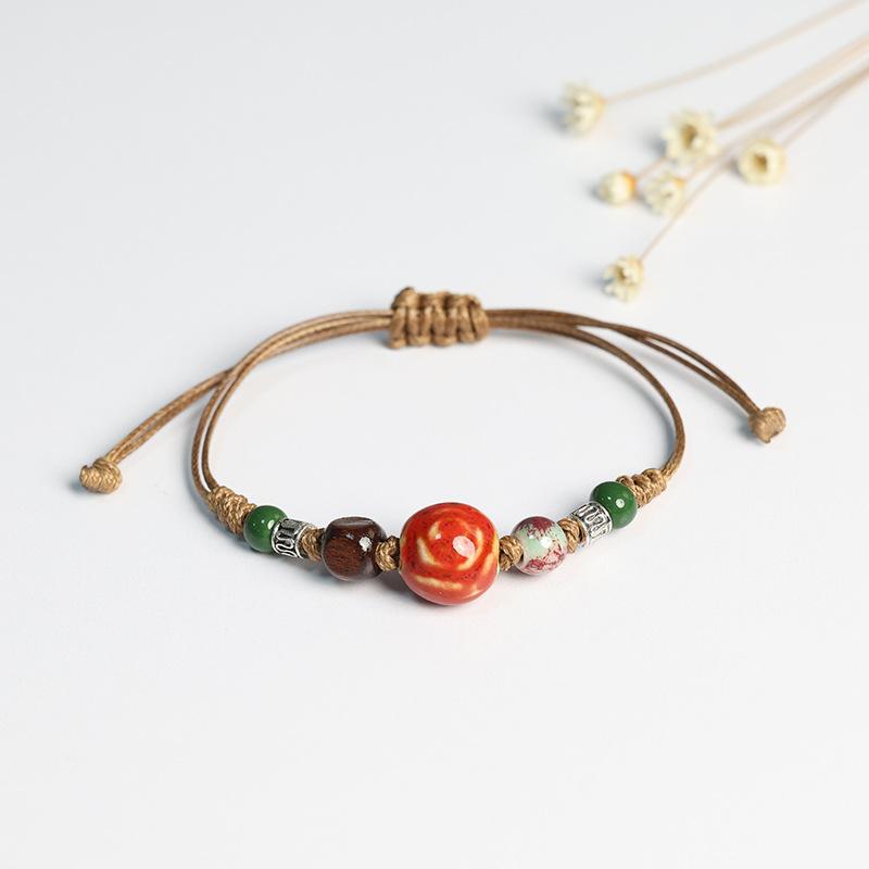 Kaseakia Handmade Vintage Ceramic Stone Beads Wax Cord Adjustable Beaded Bracelets Bohemian Boho Jewelry for Women