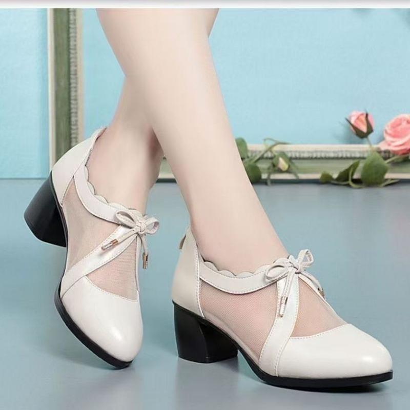 

Новые одинарные туфли кожа средний каблук толстый каблук летняя женская мода сетчатая пряжа средние 2 туфли мягкая подошва нескользящие 35 слоновая кость