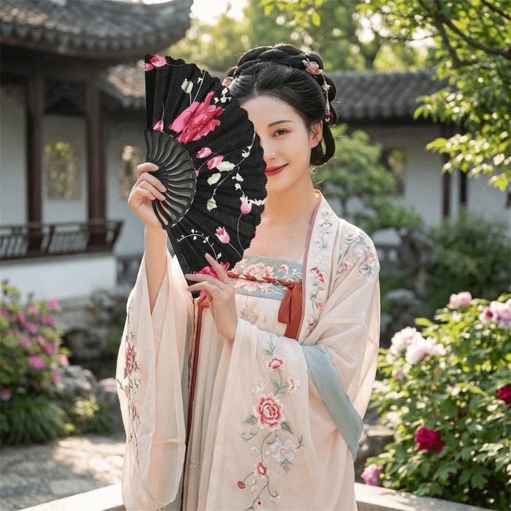 Decorative Folding Fan Plastic Rod Dance Fan Exquisite Flower Handheld Fan  Hanfu Accessories