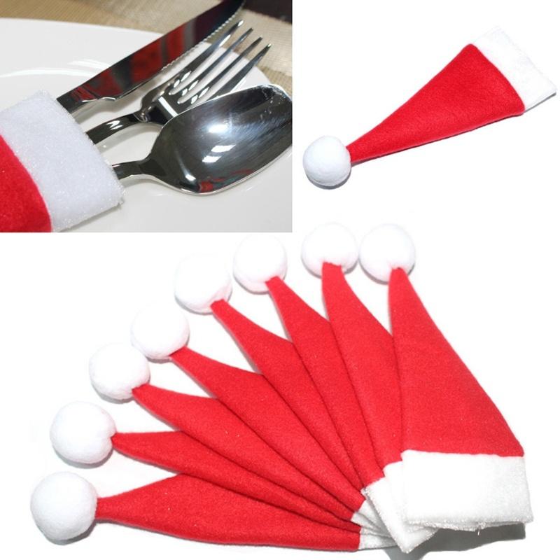 10 PCS Set Christmas Hat Silverware Holder Xmas Mini Red Santa Claus Cutlery Bag Party Decor Gift KTY