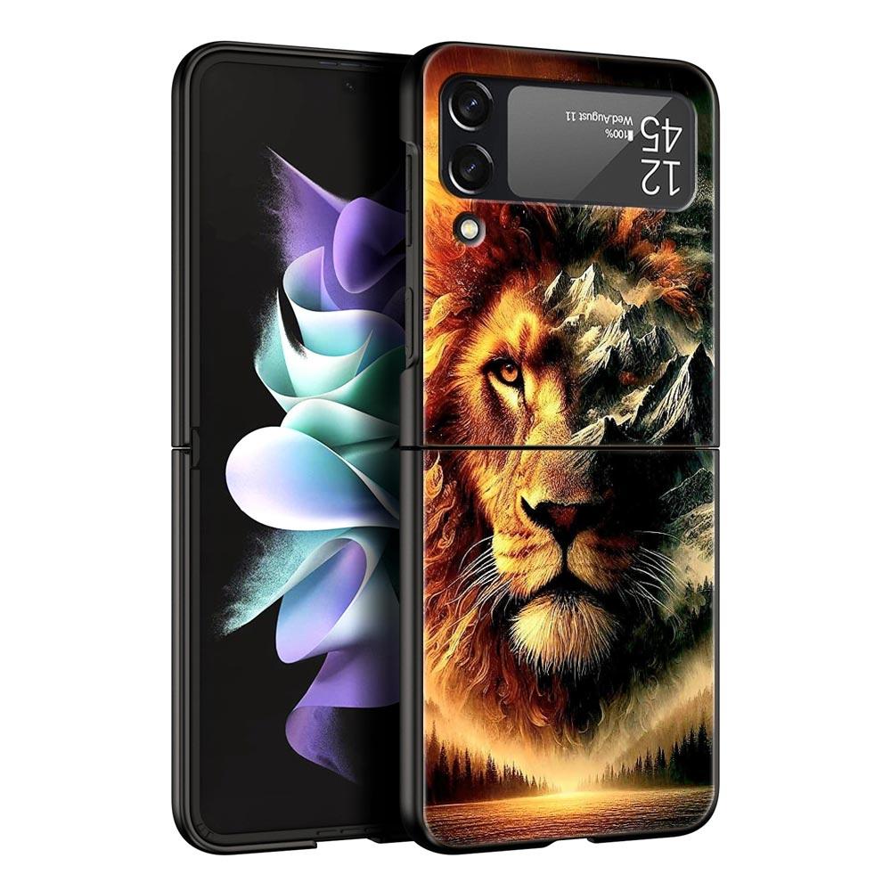 Cross Pattern Bicolor Lion Hard PC Phone Case For Samsung Galaxy Z Flip 7 6 5 4 Black Cover For Galaxy Z Flip 3 Foldable Fundas