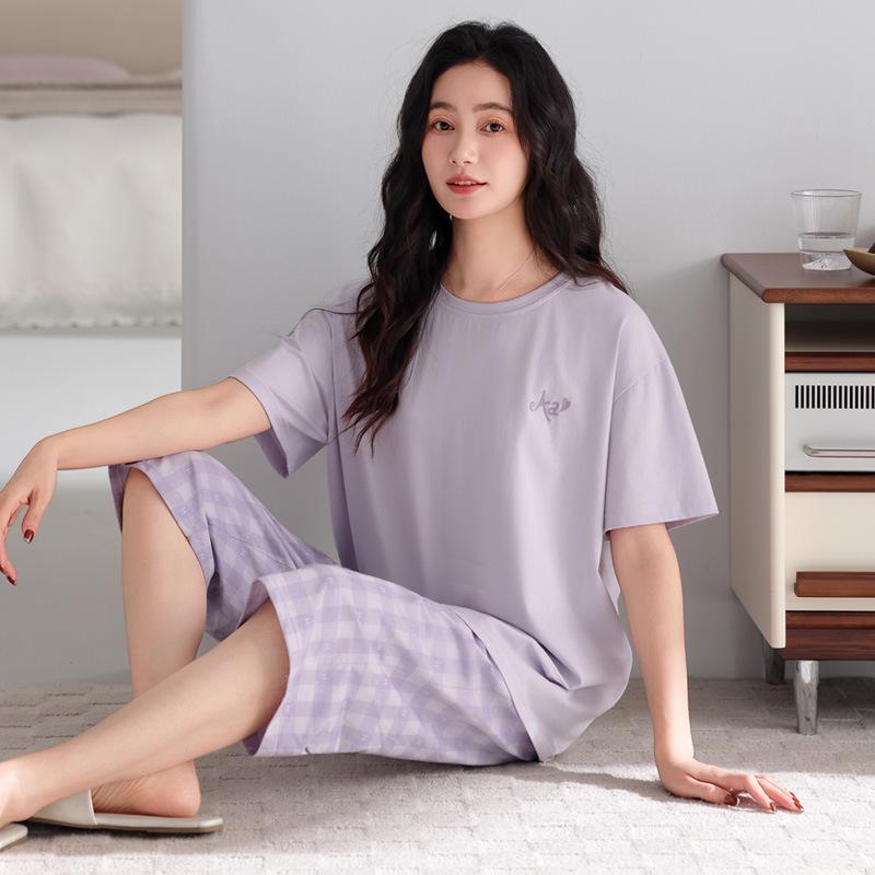 Women's Summer Pajama Set: Thin Modal Cotton Silk, Short Sleeve, Seven-Point Pants, Casual Wear.