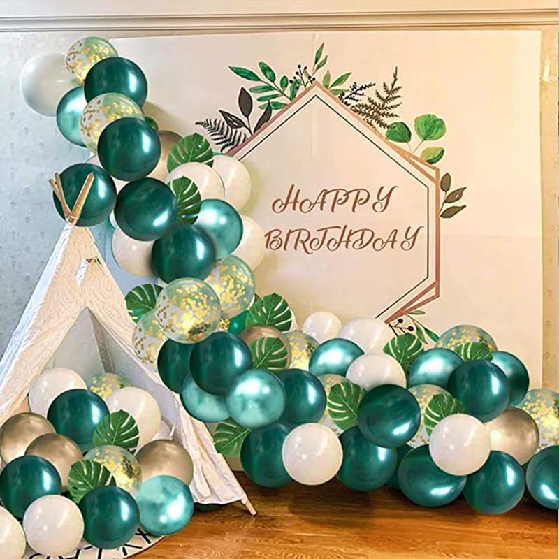 Jungle Themed Party Balloon Wreath 12 Metal Green Balloons Decorated Tropical Palm Leaf Birthday Animal Party