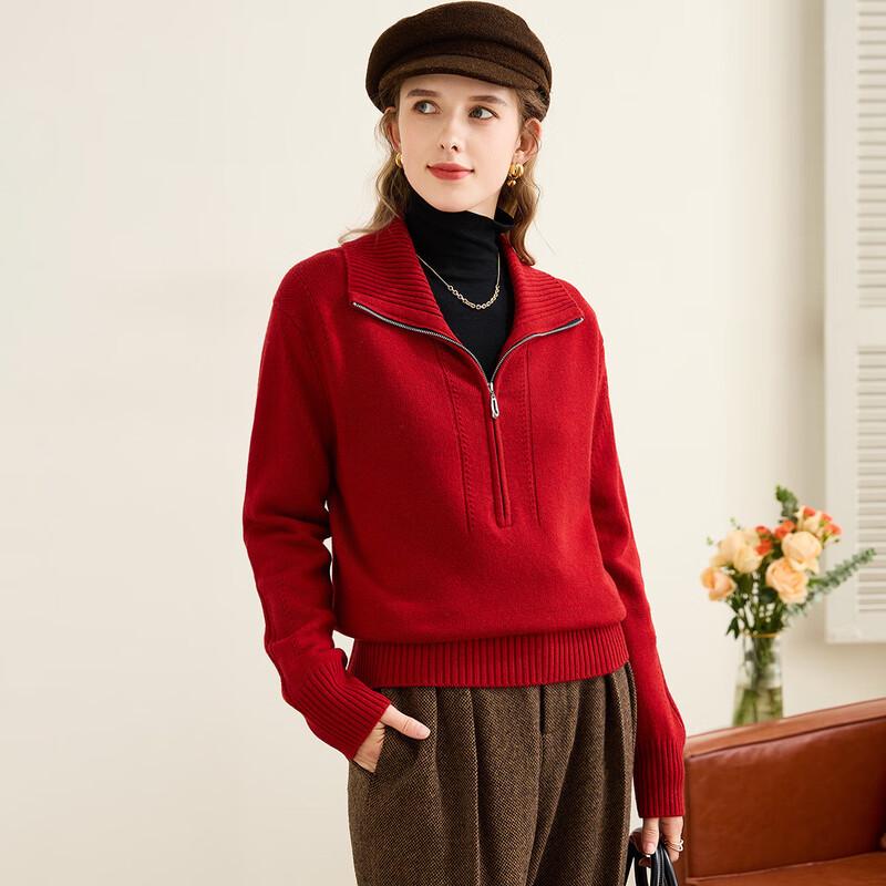 

TUHUANG Women s Half-Zip Pure Wool Sweater L