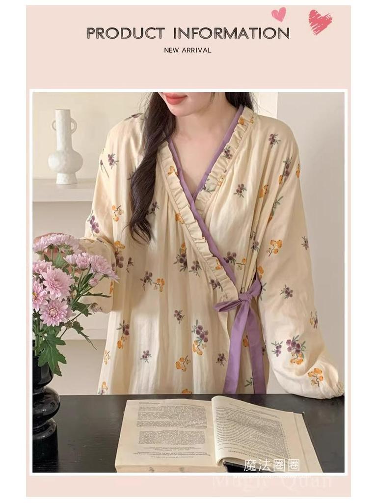 Women's Cloud Cotton Belted Pajama Dress - Cardigan Style, Stretchy, Breathable, One Size Fits All, Perfect for Casual Home Wear