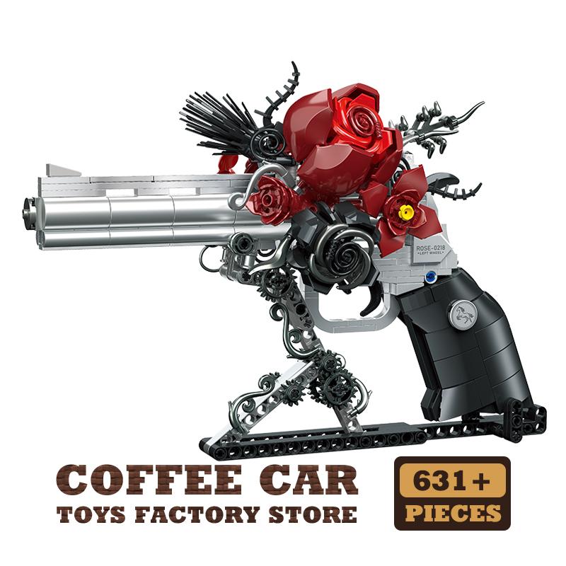 

631Pcs Creative Design Mecha Rose Revolver Pistol Creating Cubes Technical Red Flower Petal Gun My Own Creation Bricks Assemble Toy Adult Kid Gift