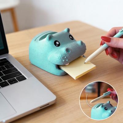 3D Printed Hippo Holder with Stencils Hippopotamus Shape Sticky Note Organizer with Pen Slot Desk Office Home Decoration