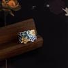Retro Blue Enamel Drip Glaze Floral Adjustable Ring for Women