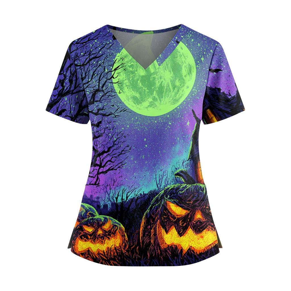 Women's V Neck Casual Halloween Print Top for Caregivers Short Sleeve Comfortable Fit Lightweight Fabric Workwear