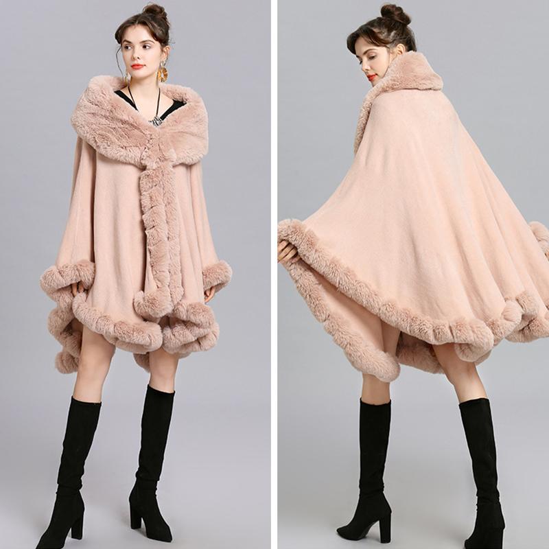 Elegantní V klopa Rex Králičí kožich Pelerína Zimní Dámské Velký Dlouhý šátek Plný střih Umělá kožešina Kašmírový Plášť Kabát Parka