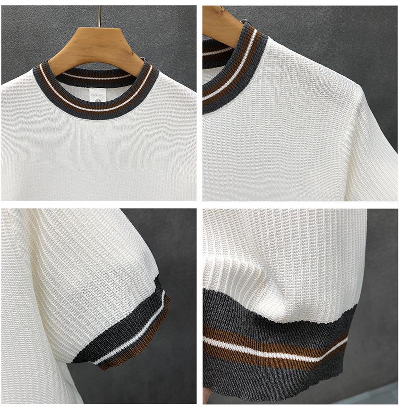Summer Men's White Striped Short-Sleeve Knit Top