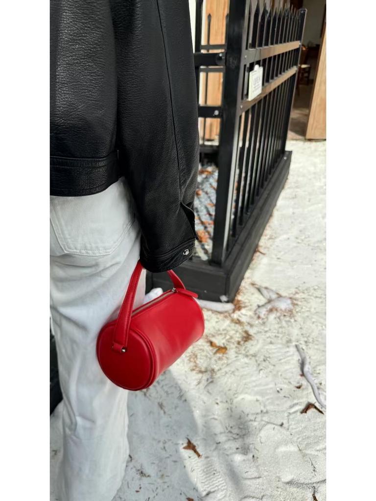 Penar Cilindric Retro din Piele de Oaie pentru Femei, Mini Geantă de Mână - Colecția Toamnă/Iarnă