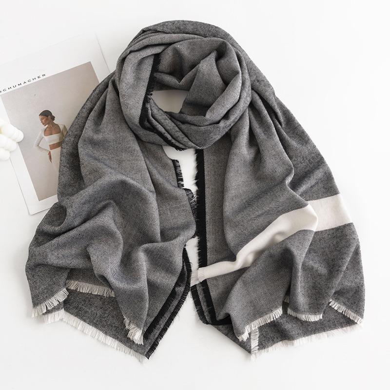 New Herringbone Pattern Single Color Versatile Imitation Cashmere Scarf for Women Simple Casual Style Tassel Warm Shawl