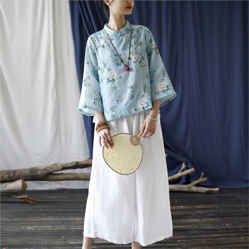 Johnature Chinese Style Linen T-Shirt Spring Summer Women Vintage Loose Long Sleeve Print T-Shirt