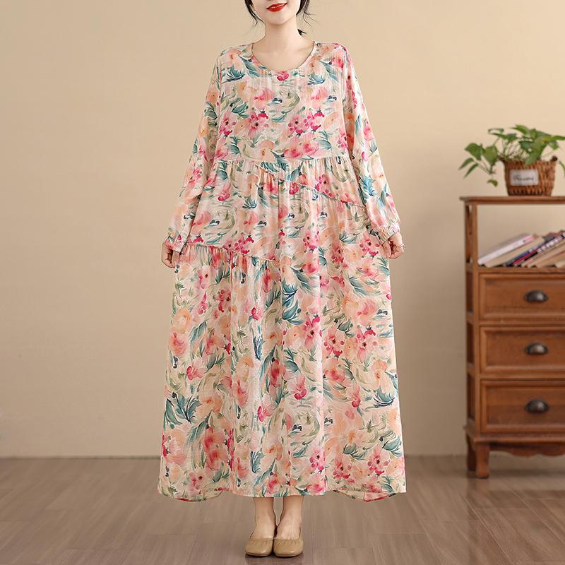 DIMANAF New 2025 Women Plus Size Spring Long Dress Loose Basic Vintage Oversize Long Sleeve Maxi Floral