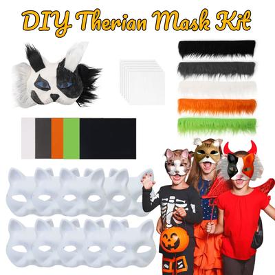 3-20 Set Kit Maschere Therian Maschere Gatto Bianco Maschere Vuote Fai da Te Halloween Maschere Mezzo Volto Animale per Mascherata Cosplay Festa