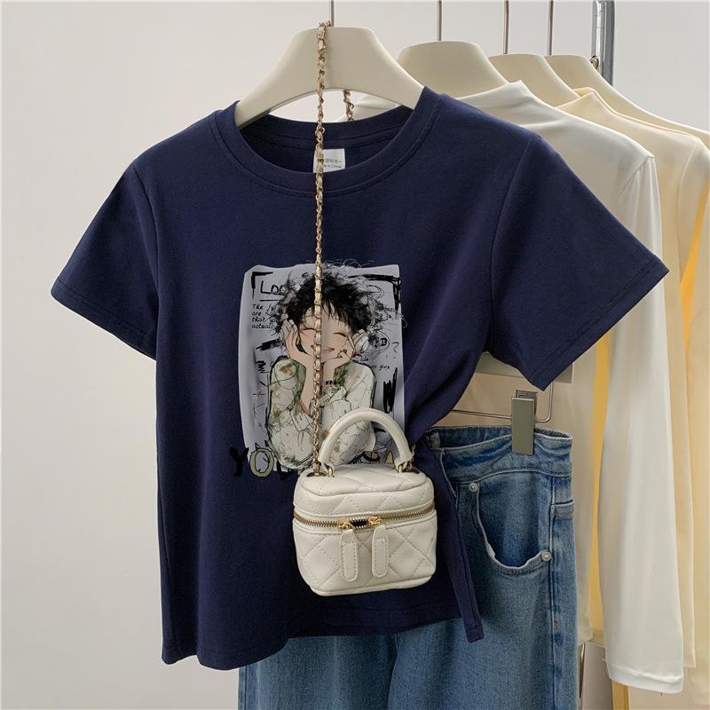 

2024 Корейская летняя шикарная футболка с принтом, приталенная, с коротким рукавом для женщин 3XL темно-синий
