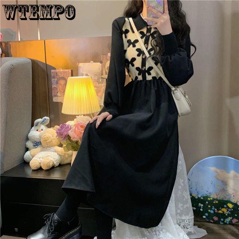 Spring and Autumn Women's Dress Retro Polo Neck Dress Color-blocking Design Slim Waist Small Versatile Medium Length A-line Dress