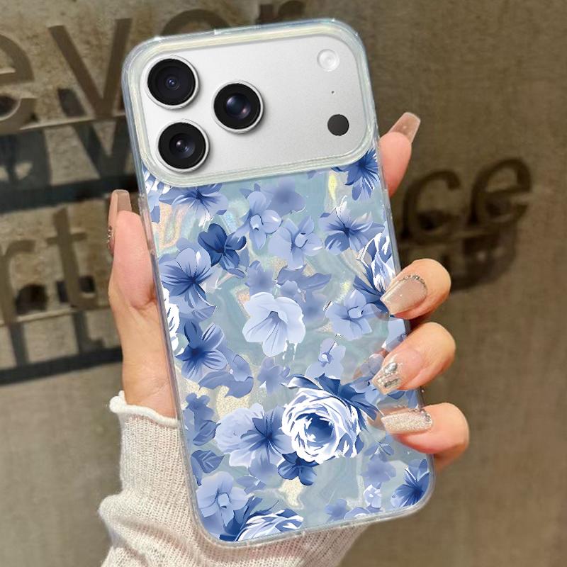Blue Flowers Pattern Laser Phone Case For iPhone Air 17 16 15 14 13 15 Pro Max 16 15 Plus 13 17 Pro  Shockproof Hard Cover Funda