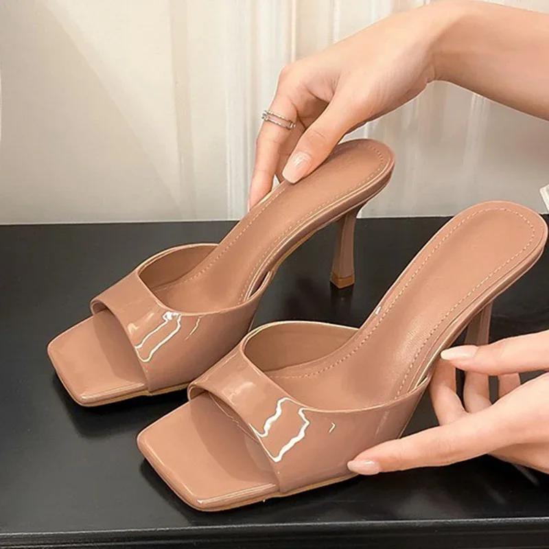 Fashion 2025 Summer Fashion Square Toe Slippers for Women Elegant Pu Leather High Heel Sandals Woman Luxury Office&career Ladies Shoes