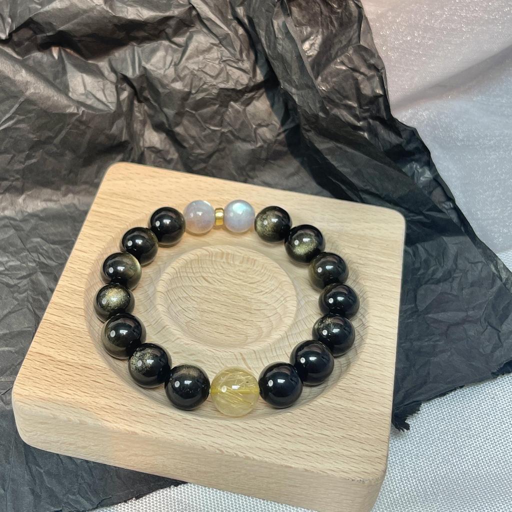 Original Partner-Stil Goldener Rutilquarz & Goldener Obsidian Kristall Perlenarmband - Einzigartiges Schmuckgeschenk