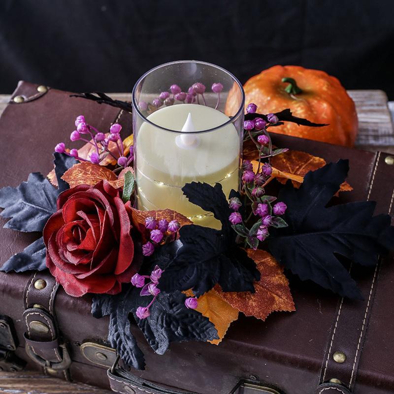 1PC Home Decor Svíčky Prsteny Věnce Dýně Černé Simulované Květiny Svícen Stolní Oblékání