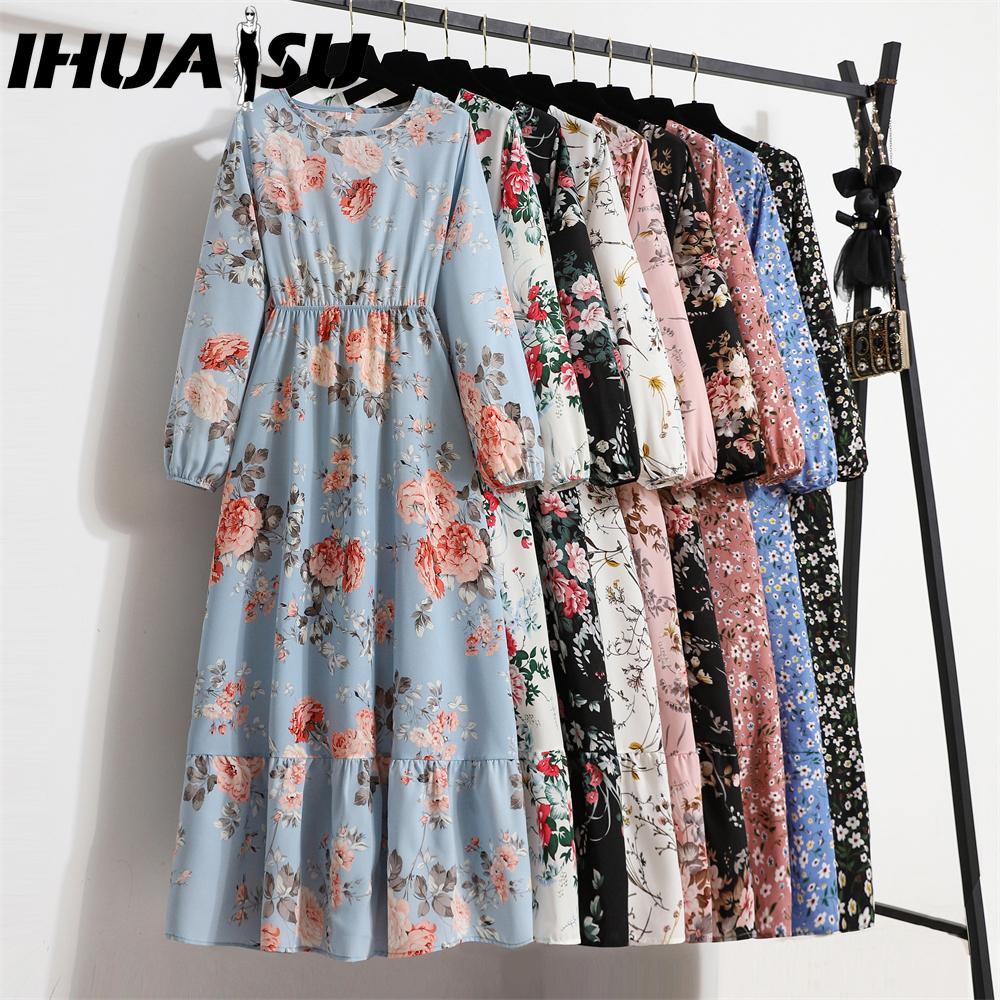 IHUASU 25 Colors Spring Women Maxi Dresses Casual Long Sleeve Floral Print O-Neck Ladies Long Dress Bohe Beach Party Mujer Vestidos Muslim Dress